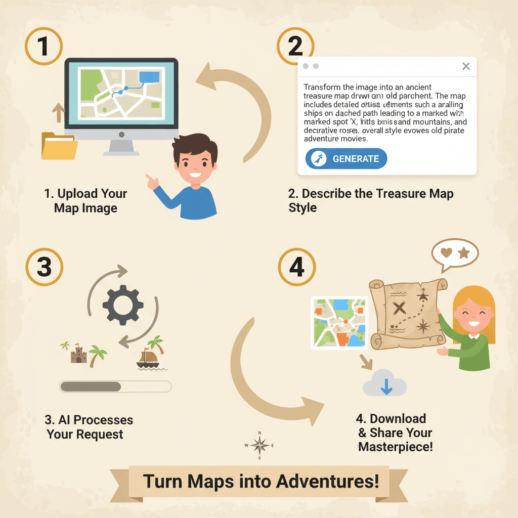 Étapes d'utilisation pour un outil IA transformant Google Maps en une carte au trésor de style pirate classique sur parchemin.