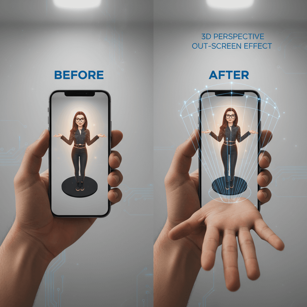 Effet de pop-out 3D hyper-réaliste d'un modèle sur un smartphone, mettant en avant la génération IA et l'illusion de perspective avec une pose stylée.