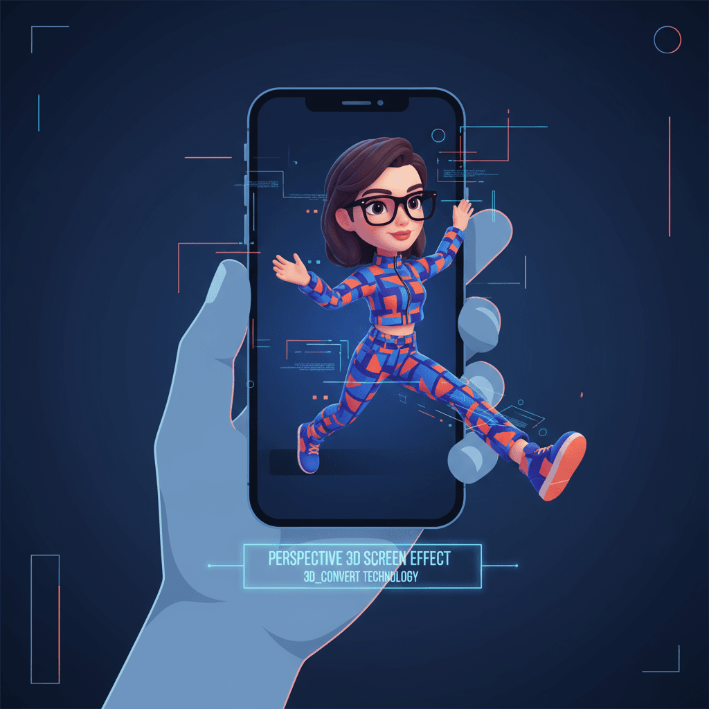 Effet de pop-out 3D hyper-réaliste : le modèle sort de l'écran du téléphone, mettant en avant la perspective forcée. Application IA, 3d_convert.