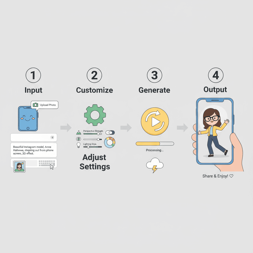 "Étapes d'utilisation pour l'outil IA : Créez des effets de pop-out 3D époustouflants avec facilité, mettant en avant un modèle stylé sur l'écran d…