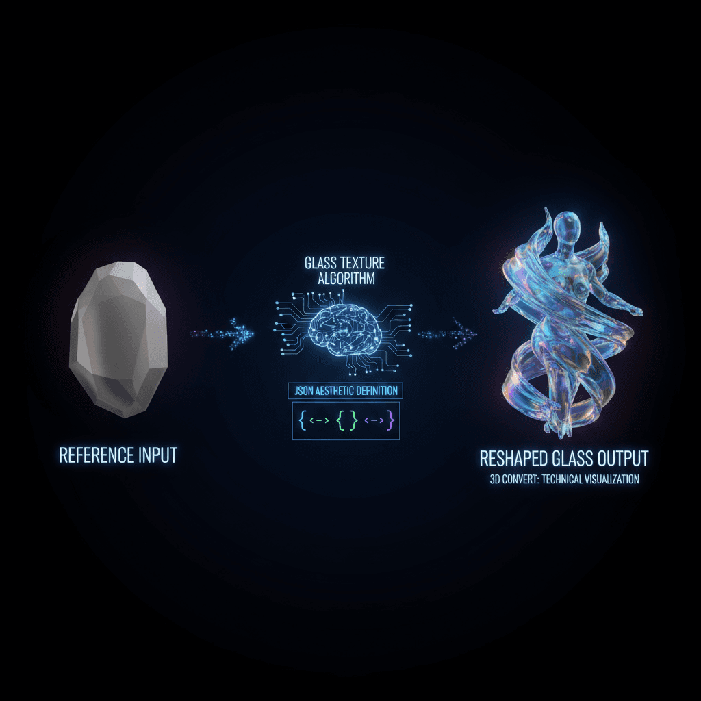 عرض ثلاثي الأبعاد فوتوراليستي لإعادة تشكيل قوام الزجاج، يُظهر قدرة الذكاء الاصطناعي على إعادة تهيئة القوام مع تأثيرات شفافة وقزحية.