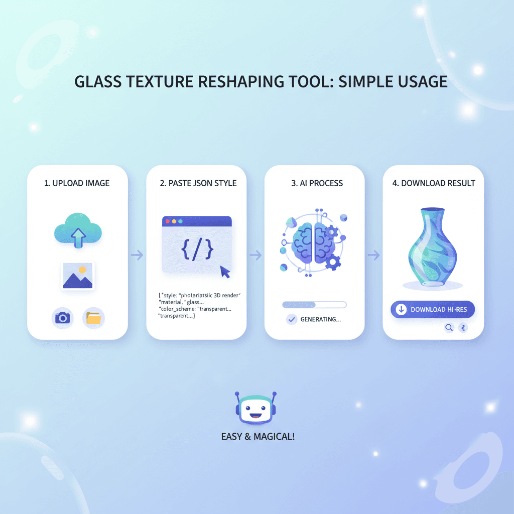 "خطوات الاستخدام لأداة الذكاء الاصطناعي لإعادة تشكيل قوام الزجاج بسهولة في عرض ثلاثي الأبعاد فوتوراليستي."