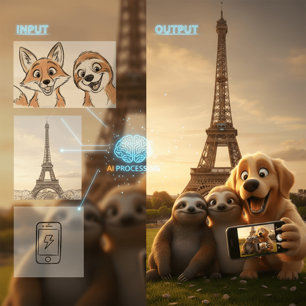 Trois animaux prennent un selfie joyeux devant un monument emblématique pendant l'heure dorée, montrant l'art de la conversion 3D générée par AI.