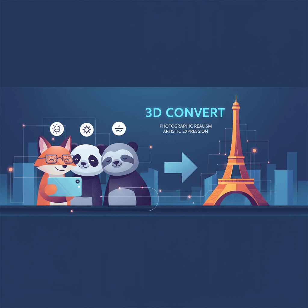 Trois animaux prennent un selfie joyeux devant un monument, montrant des expressions dans la douce lumière dorée de l'heure. 3D_convert, AI.