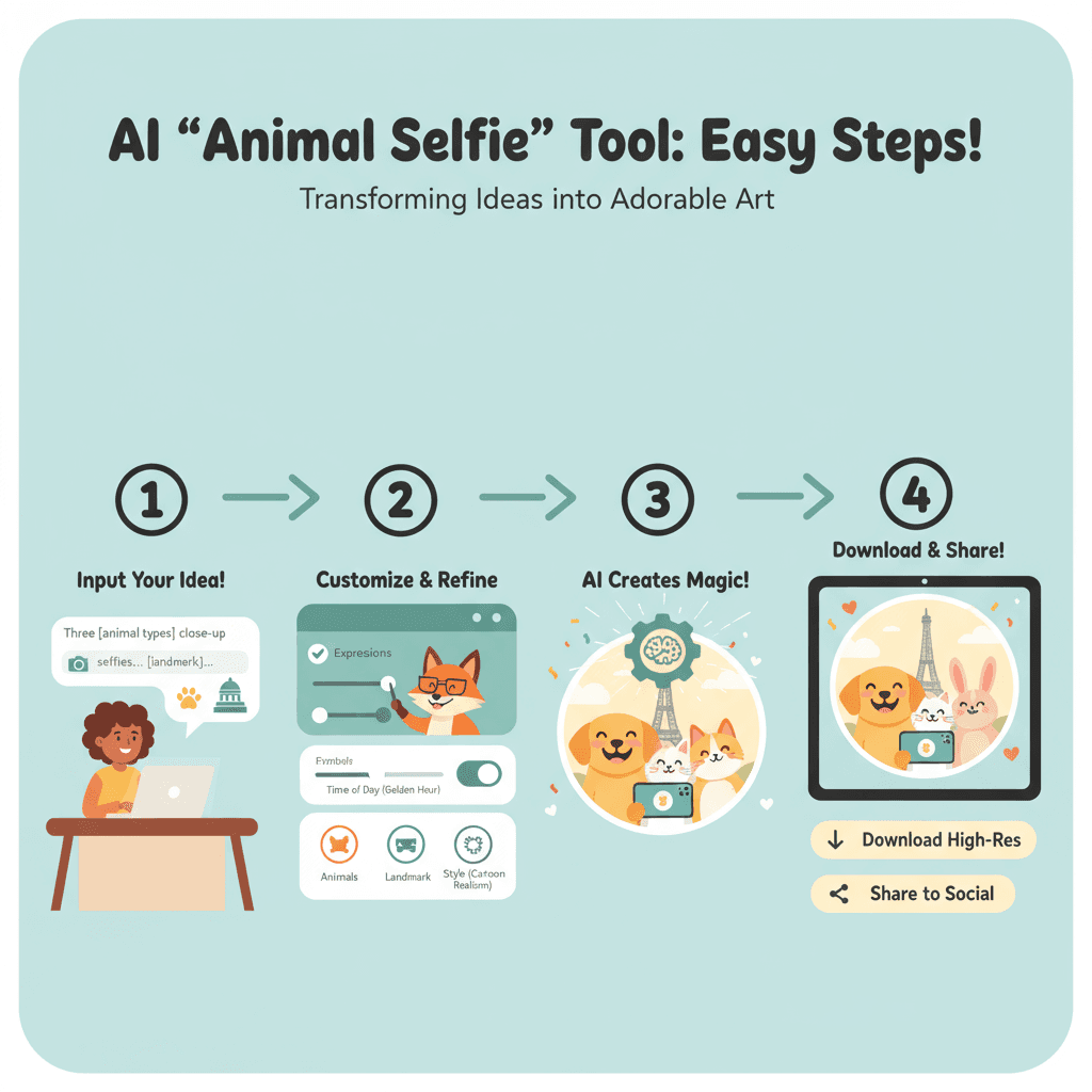 Étapes d'utilisation pour un outil AI : Trois animaux prennent un selfie joyeux devant un monument, montrant la facilité et le plaisir de capturer…