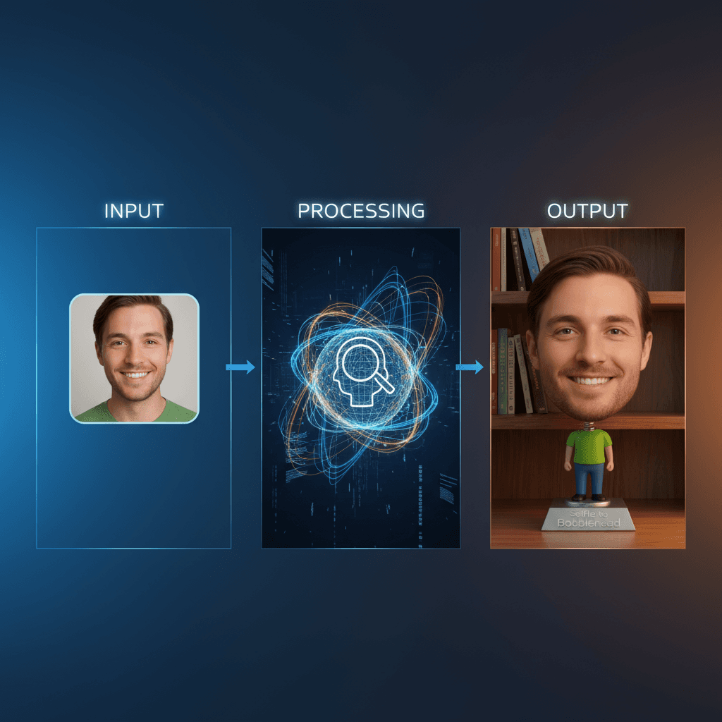 "Selfie en Figurine Bobblehead : la génération AI transforme votre photo en bobblehead cartoonisé avec une tête agrandie."