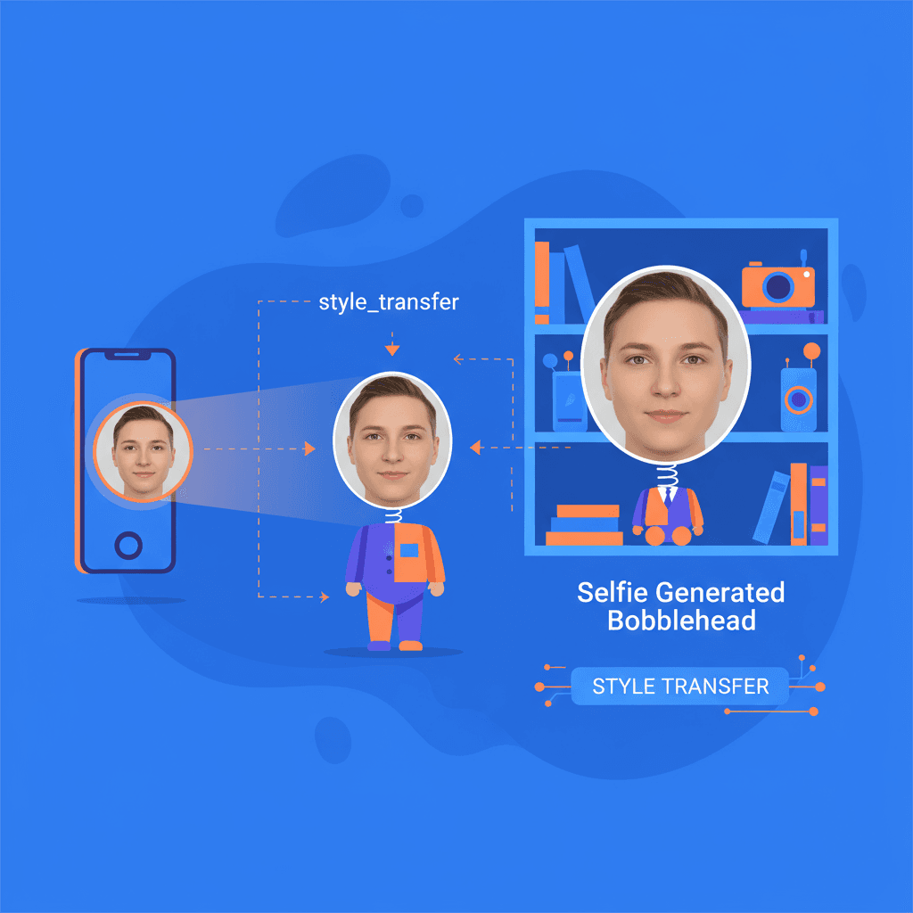 Illustration artistique d'un selfie transformé en figurine bobblehead sur une étagère, mettant en avant le transfert de style AI pour une personnal…