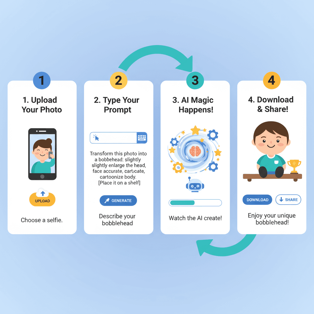 Étapes d'utilisation pour transformer un selfie en figurine bobblehead à l'aide d'un outil AI, montrant la facilité et les conseils de processus.
