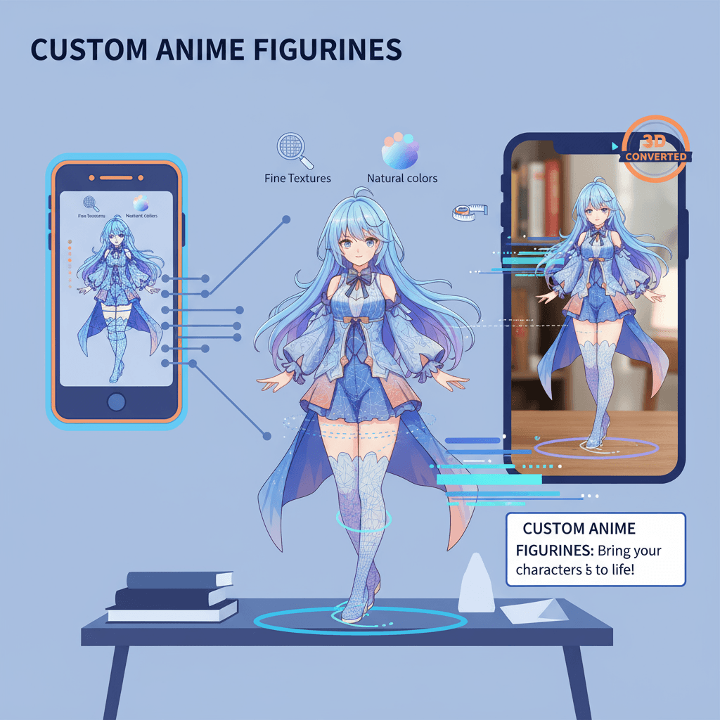 Ilustración artística de una figura de anime personalizada en un escritorio, mostrando un diseño detallado y colores vibrantes. IA, 3D Convert.