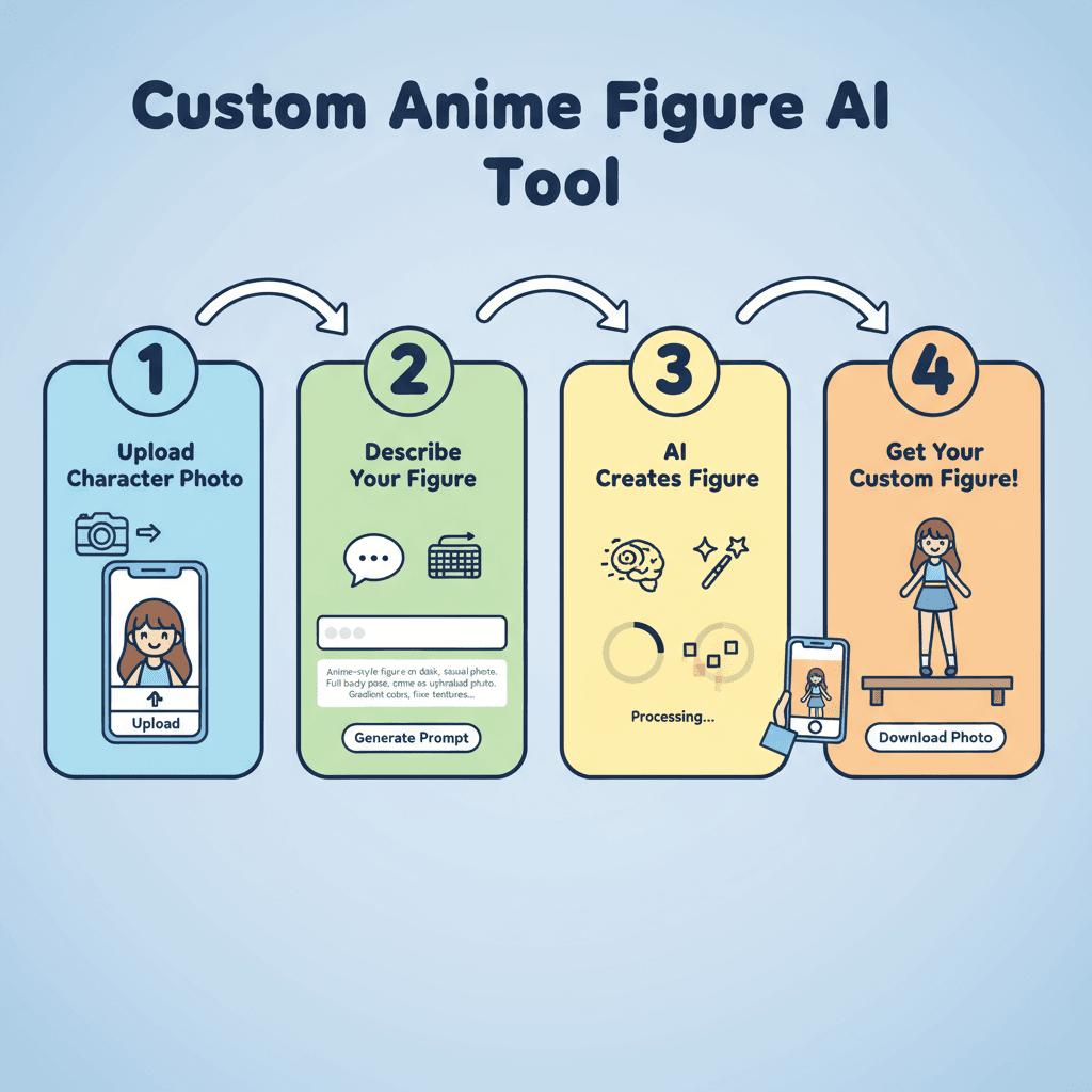 Pasos de uso para una herramienta de IA para crear una figura de anime personalizada detallada, mostrando facilidad de uso y orientación del proceso.