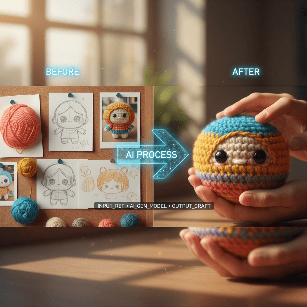 Close-up dari boneka wol rajut yang dibuat dengan tangan dipegang lembut, menyoroti kerajinan yang luar biasa dan kehangatan. Generasi AI, 3d_convert.