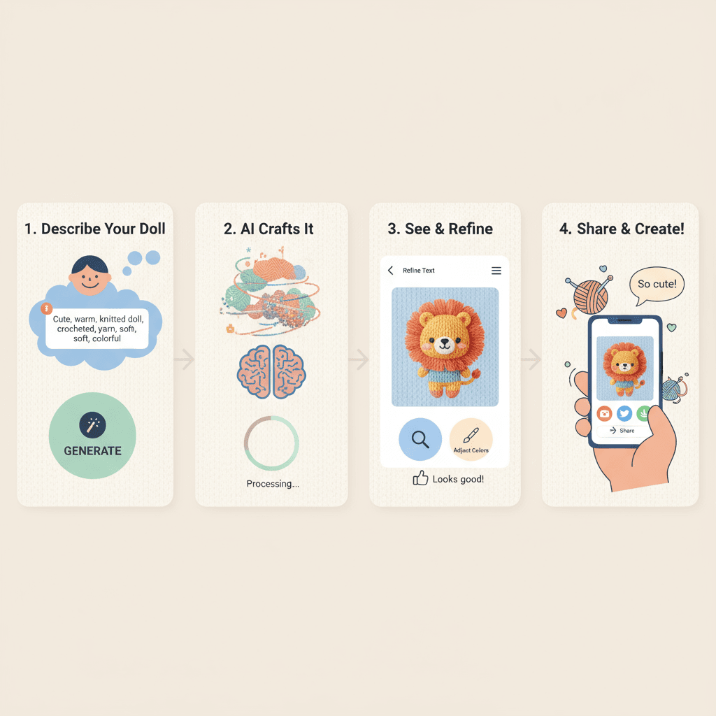 "Langkah penggunaan untuk alat AI: Boneka Rajut Hangat yang Menggemaskan, menunjukkan penanganan yang mudah dan kerajinan yang hangat."