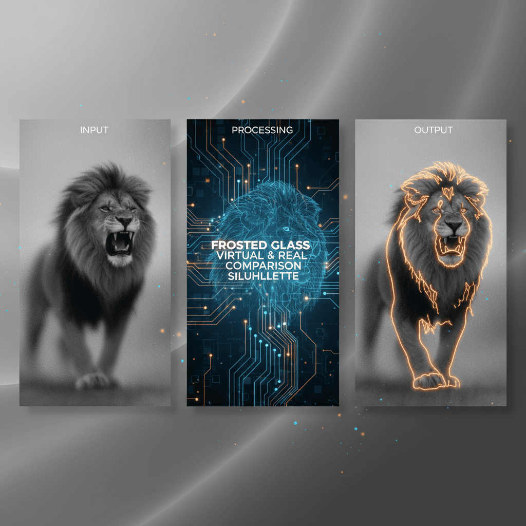 Contraste de Silhouette Derrière du Verre Givré : silhouette en noir et blanc générée par AI avec des contours clairs contre un arrière-plan flou.