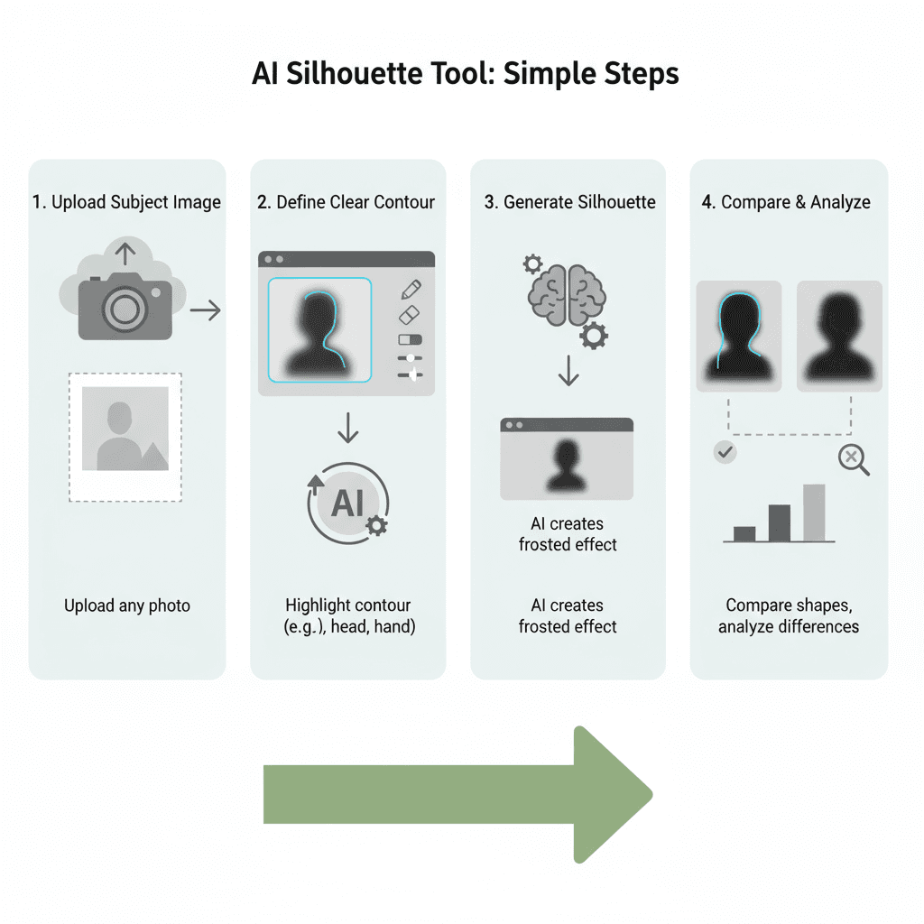 "Diagramme montrant les étapes d'utilisation d'un outil AI pour créer un contraste de silhouette derrière du verre givré, soulignant la facilité d'…