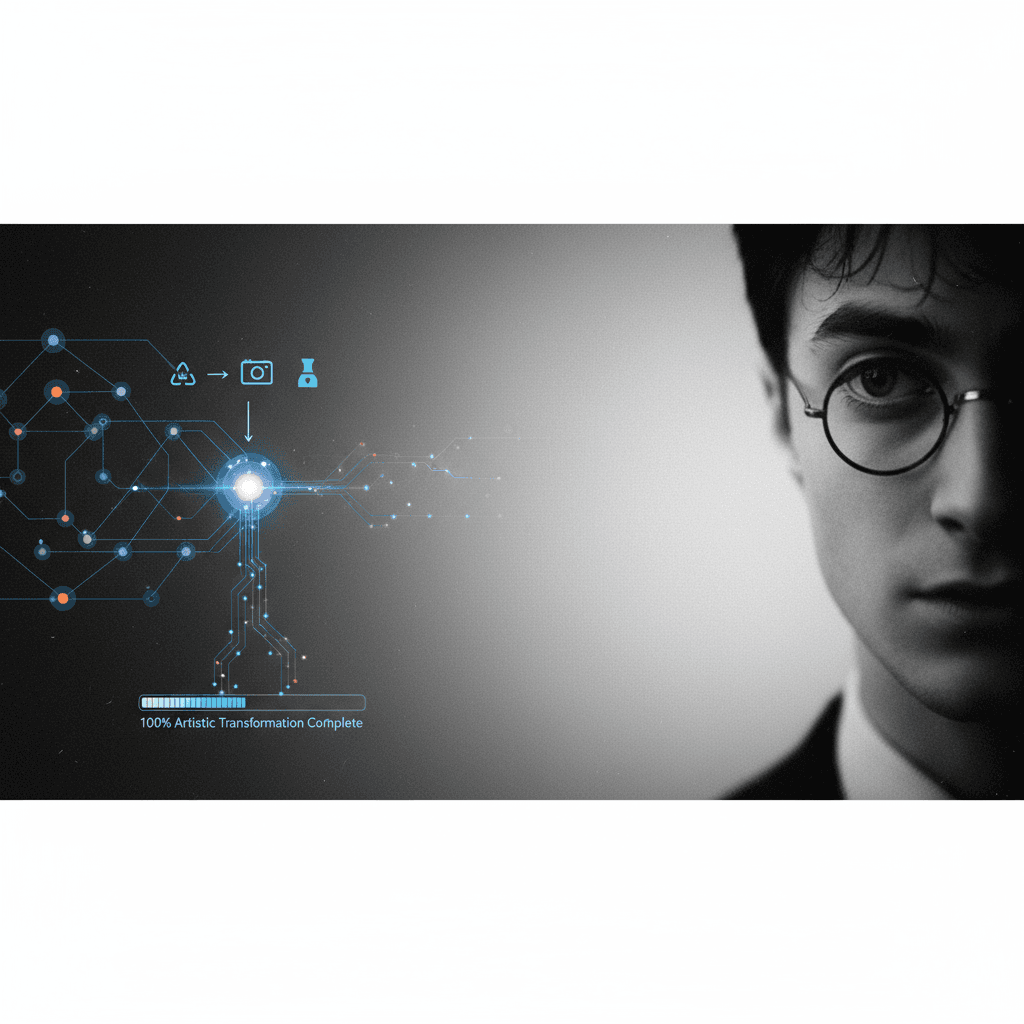 柔らかなグラデーションとフィルムグレインを使用したアーティスティックな白黒ポートレートで、AIスタイル転送を用いて親密な感情を捉えます。