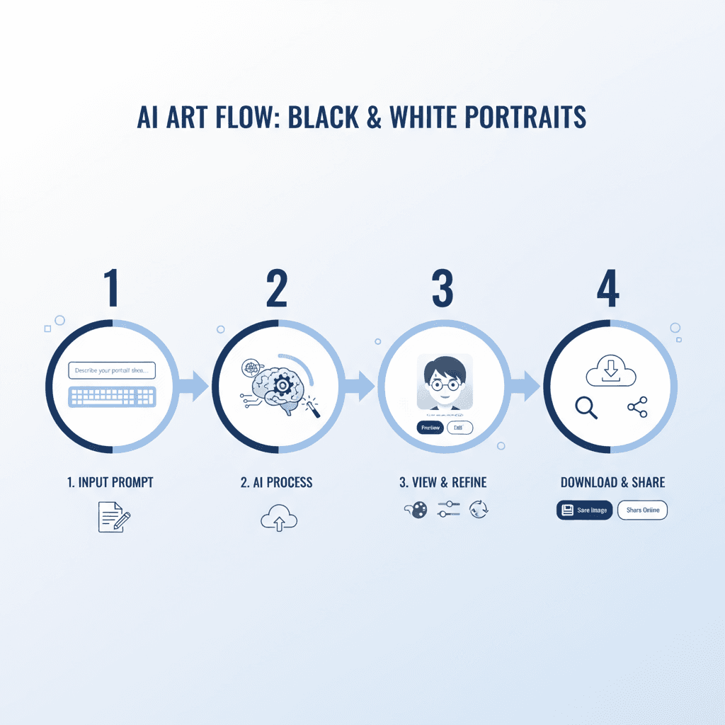 白黒ポートレートアート作成におけるAIツールの使用手順を示すワークフローダイアグラム。