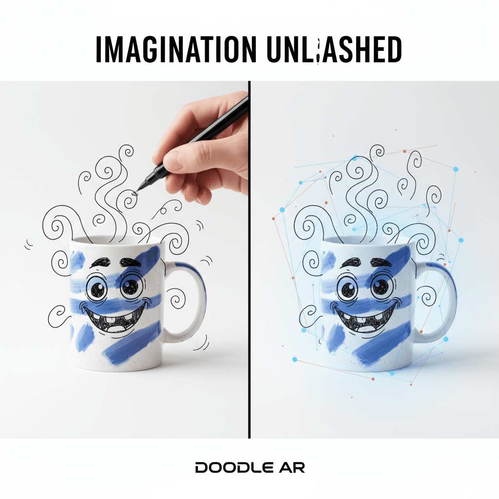 실제 물체와 손으로 그린 낙서가 있는 창의적인 광고, 장난기 가득한 낙서와 굵은 텍스트가 특징인 AI 생성 도구로 증강 현실을 위한 것입니다.