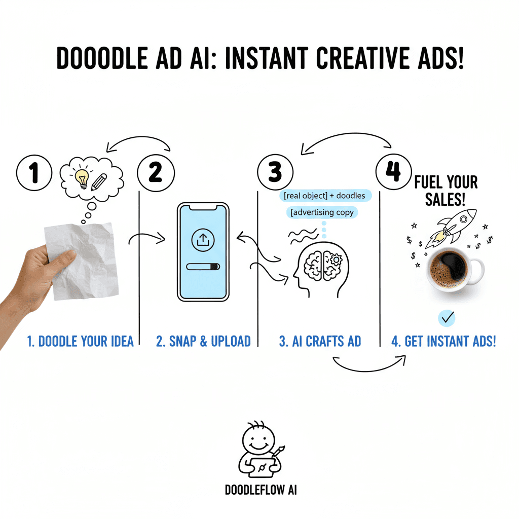 AI 도구 사용 단계: 창의적인 광고가 실제 물체와 장난기 가득한 낙서를 결합하여 사용자를 간단하고 매력적인 과정으로 안내합니다.