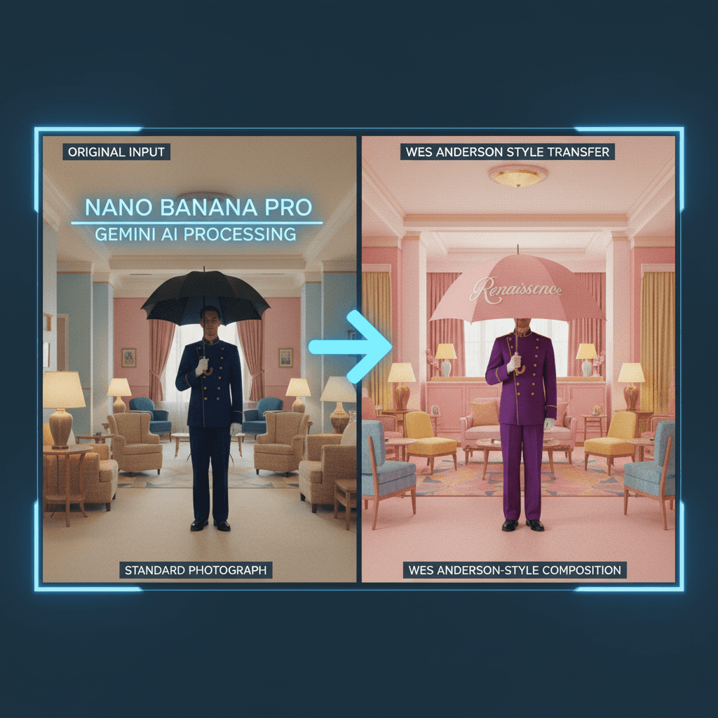 Wes Anderson Style in Nano Banana Pro: AI generation transforms visuals with vibrant colors and symmetrical compositions.