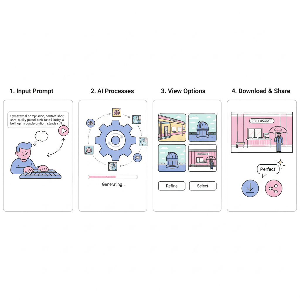 "Usage steps for an AI tool showcasing Wes Anderson Style with Nano Banana Pro, highlighting ease of use and creative guidance."