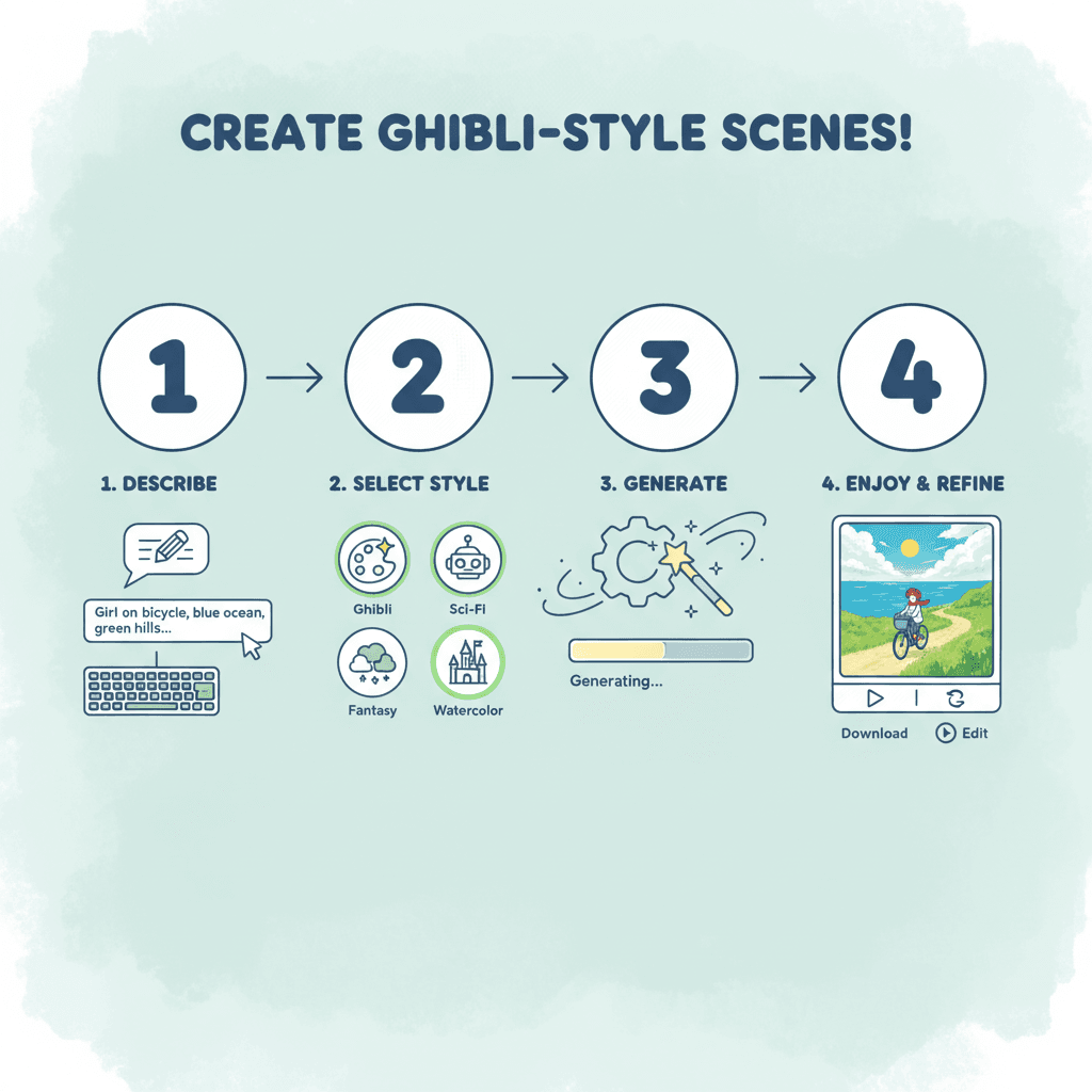 "Workflow diagram showcasing usage steps for Ghibli Style Animation using the AI tool Nano Banana Pro, emphasizing ease of use."