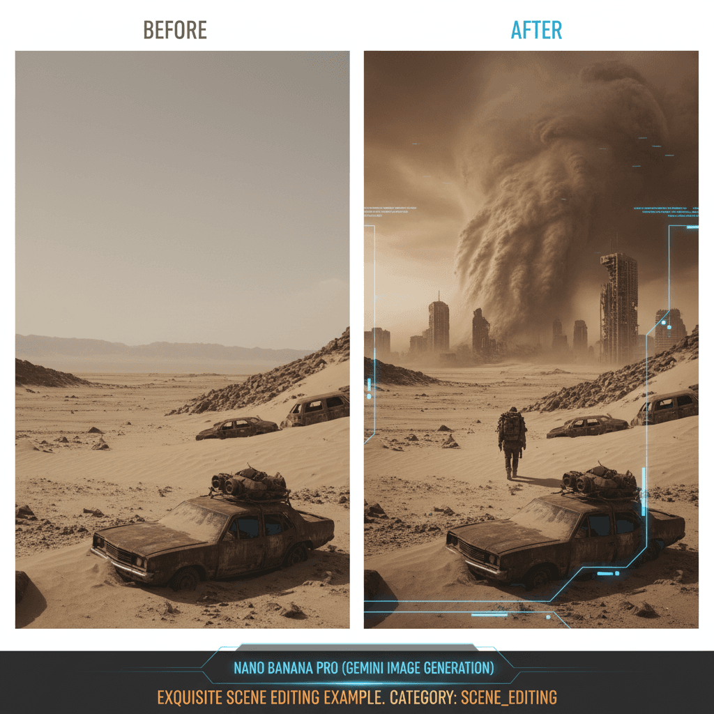 Stunning post-apocalyptic wasteland scene edited with Nano Banana Pro, showcasing AI generation capabilities in scene editing.