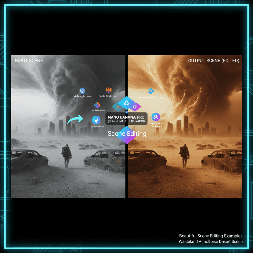 Artistic illustration of a post-apocalyptic wasteland, showcasing scene editing with Nano Banana Pro AI for vivid storytelling.