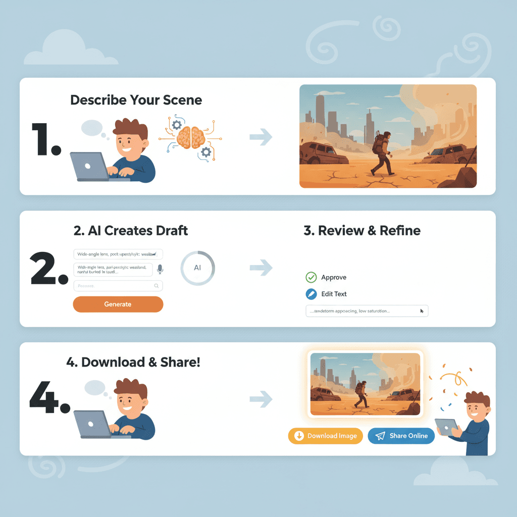 Usage steps for creating a stunning post-apocalyptic wasteland scene with the AI tool Nano Banana Pro. Easy and guided process.