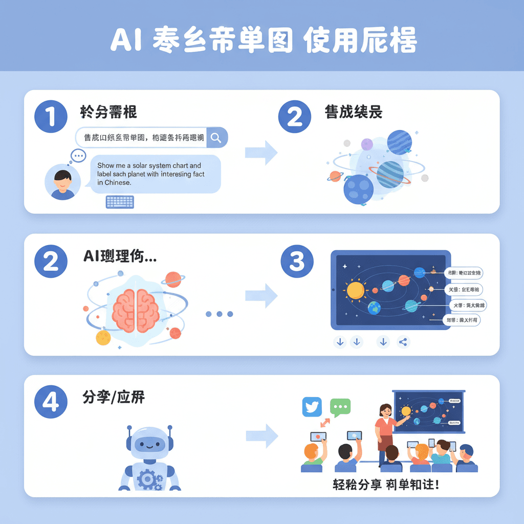Usage steps for Solar System Planets Guide, an AI tool in education, showcasing easy navigation and process guidance.