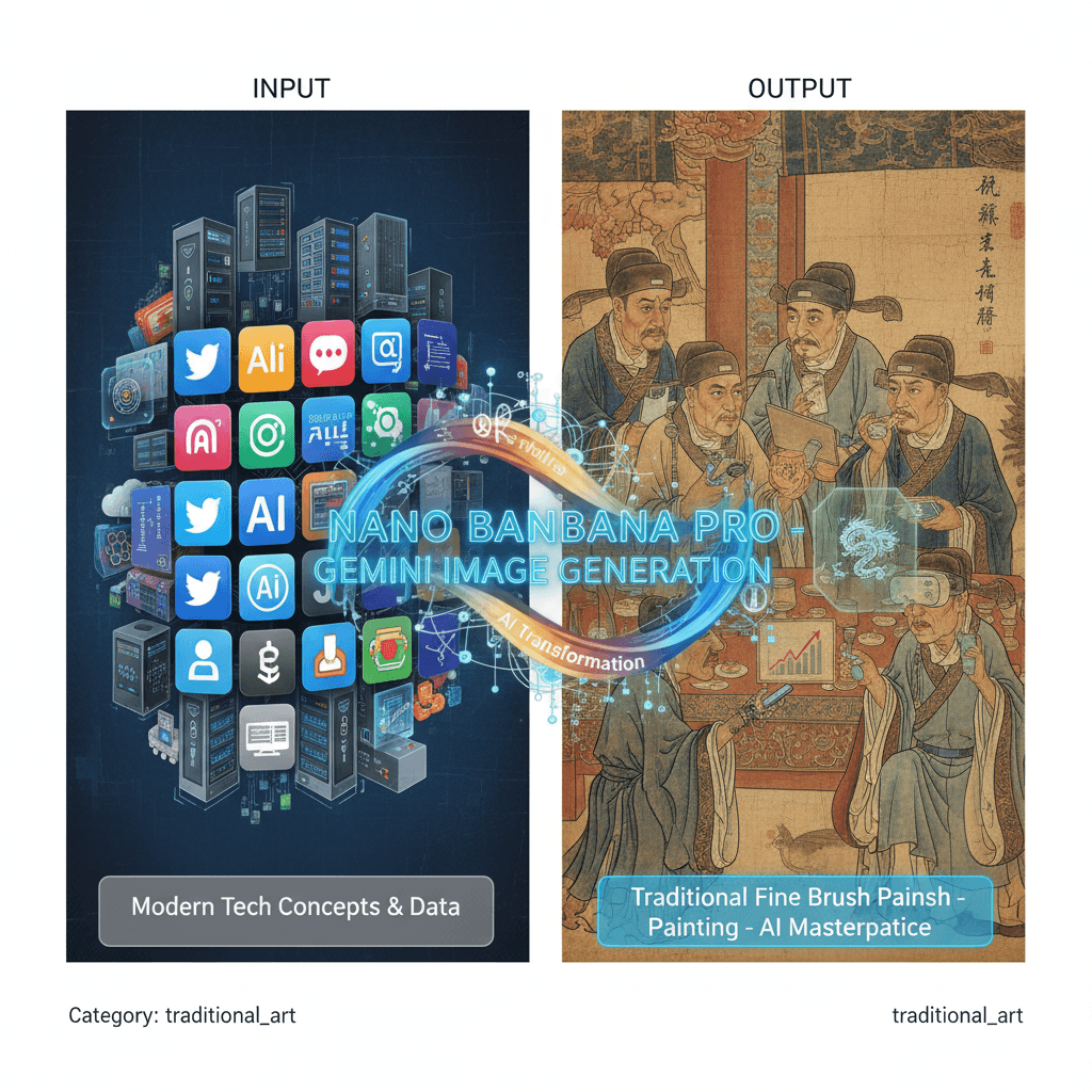 Stunning traditional art created with Nano Banana Pro, showcasing AI generation in Silicon Valley Night Feast.