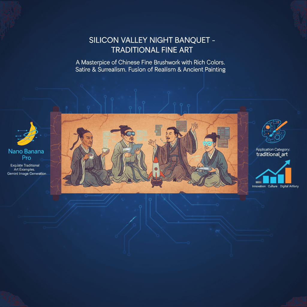 Artistic illustration of "Silicon Valley Night Feast" created with Nano Banana Pro, showcasing AI in traditional art.
