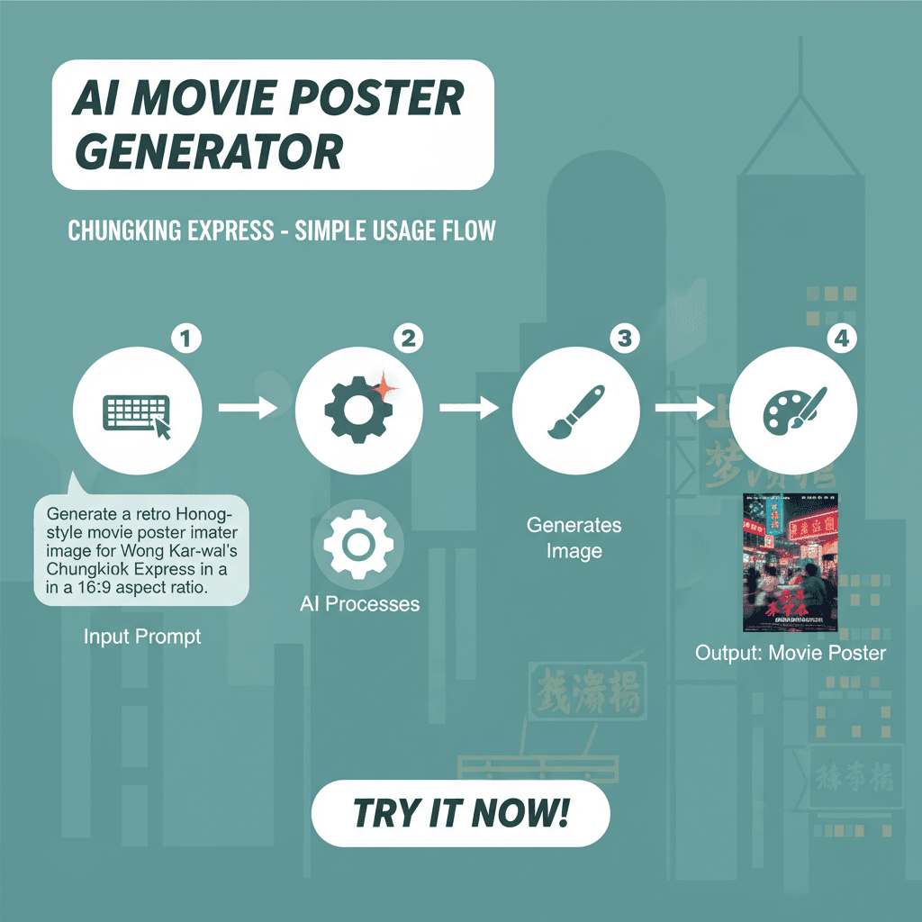 Usage steps for creating the Chungking Express Poster using the AI tool Nano Banana Pro, showcasing easy design workflow.