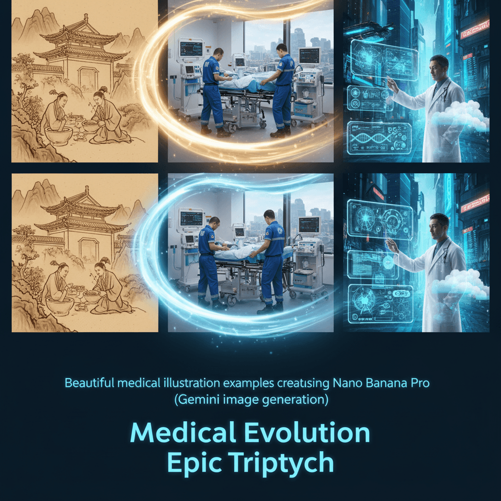 Stunning medical illustration from Nano Banana Pro, showcasing AI generation in the Medical Evolution Triptych.