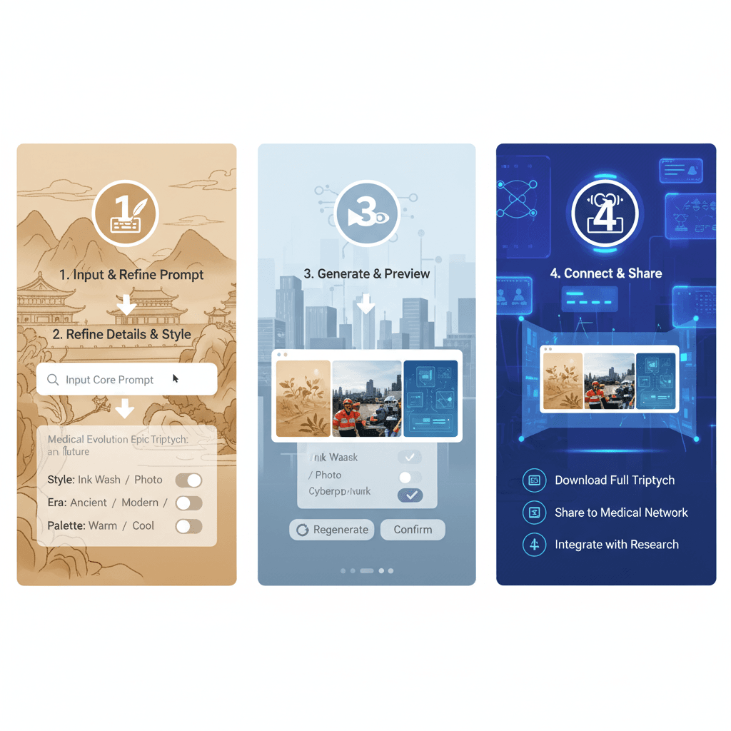 Usage steps for Medical Evolution Triptych, an AI tool in the medical illustration category, showcasing ease of use and guidance.