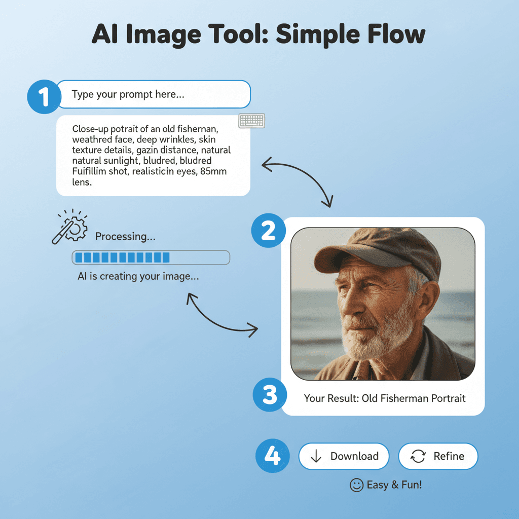 Usage steps for creating an Elderly Fisherman Portrait with Nano Banana Pro, an AI tool for stunning image generation.