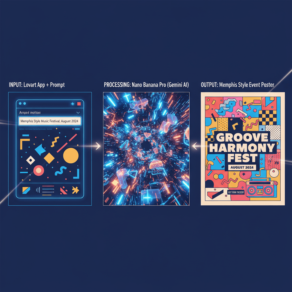 Stunning Memphis Style Event Poster created with Nano Banana Pro, showcasing AI generation for vibrant design.