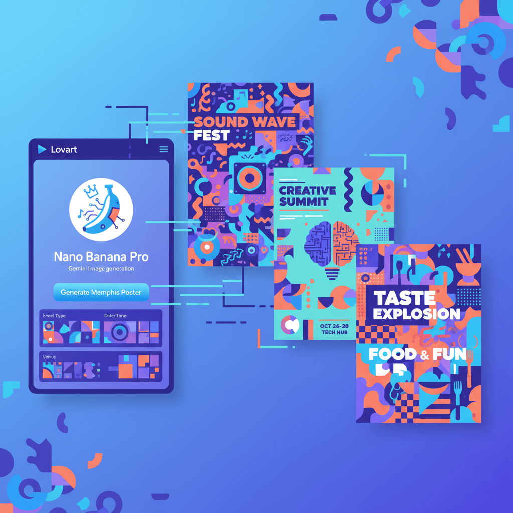 Artistic Memphis Style Event Poster created with Nano Banana Pro AI, showcasing vibrant colors and geometric patterns.