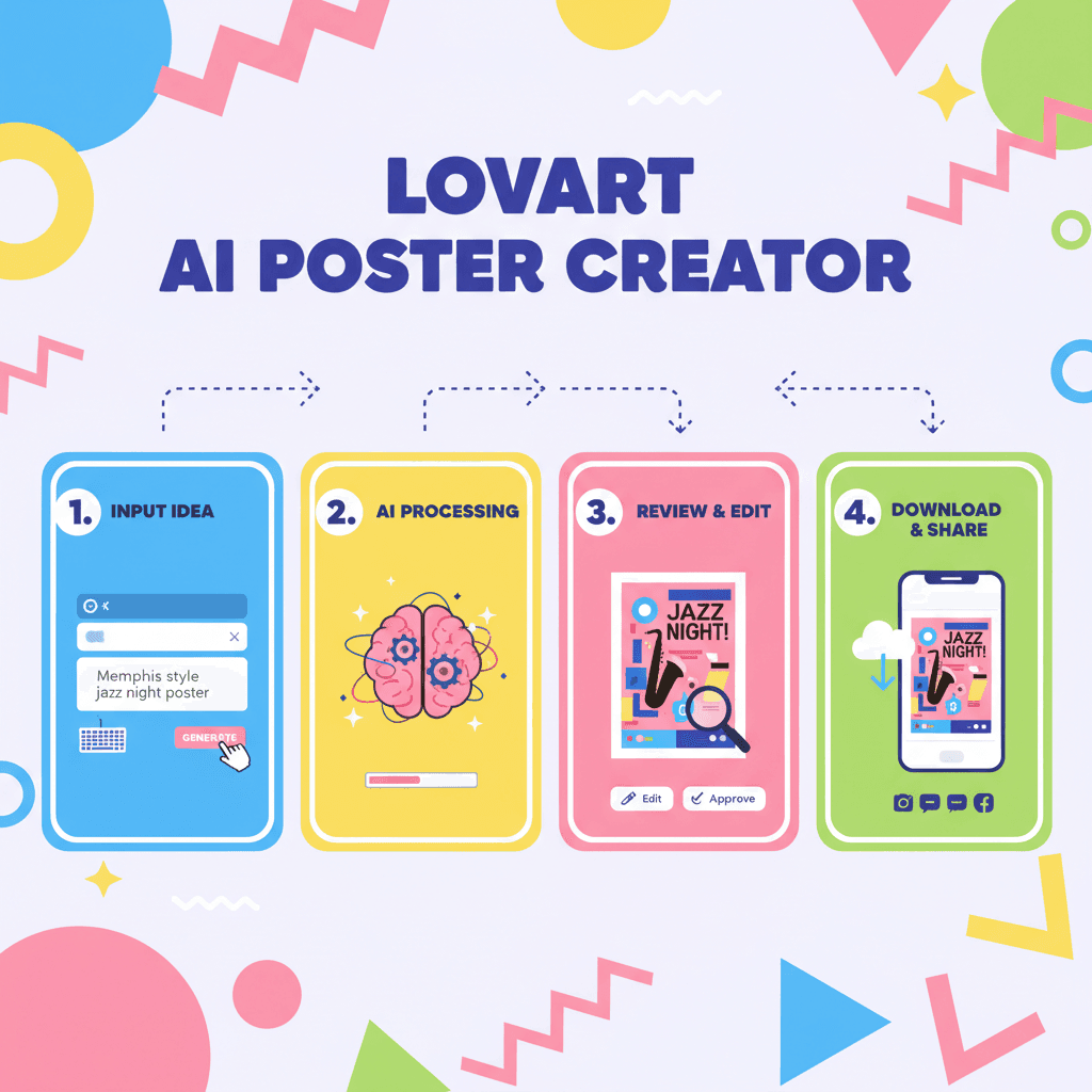 Usage steps for creating a Memphis Style Event Poster using the AI tool Nano Banana Pro, showcasing easy design guidance.