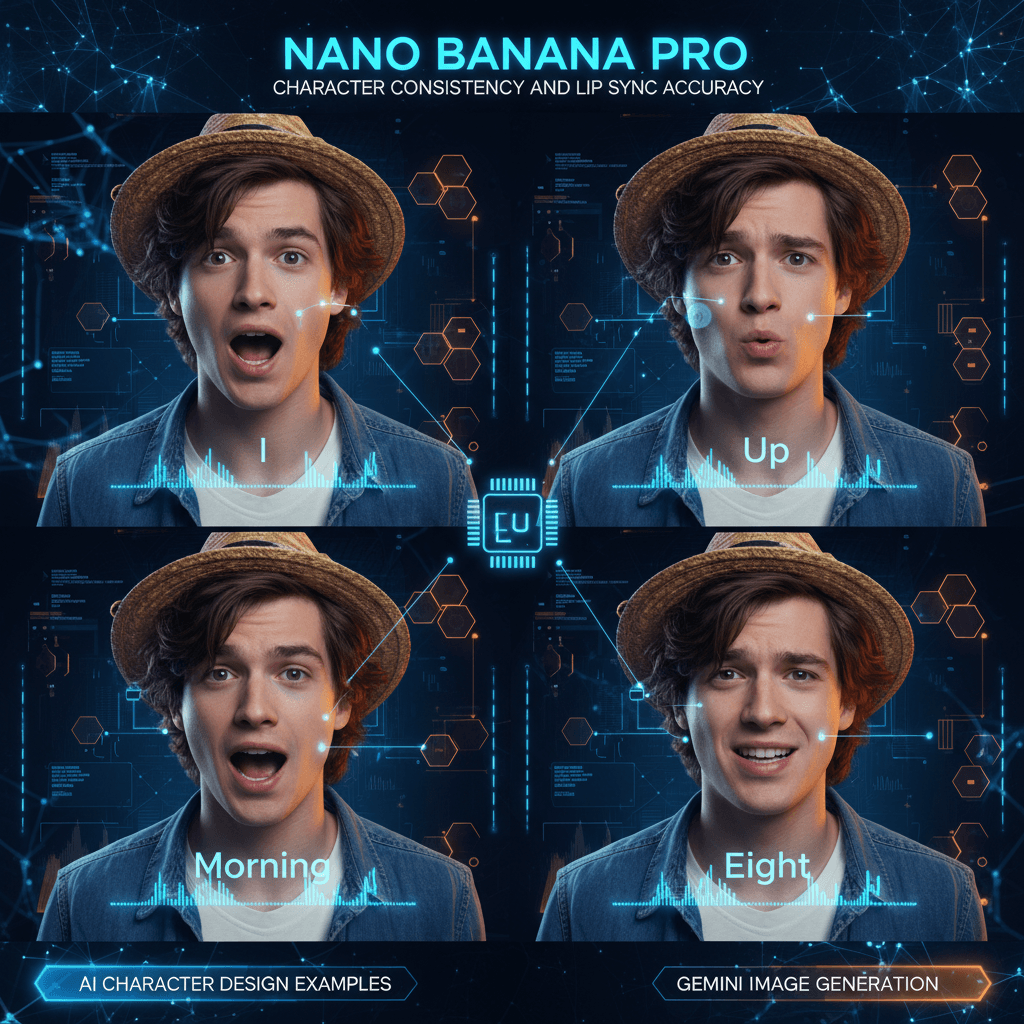 Stunning character design by Nano Banana Pro showcasing AI generation with Character Consistency and Lip Sync features.