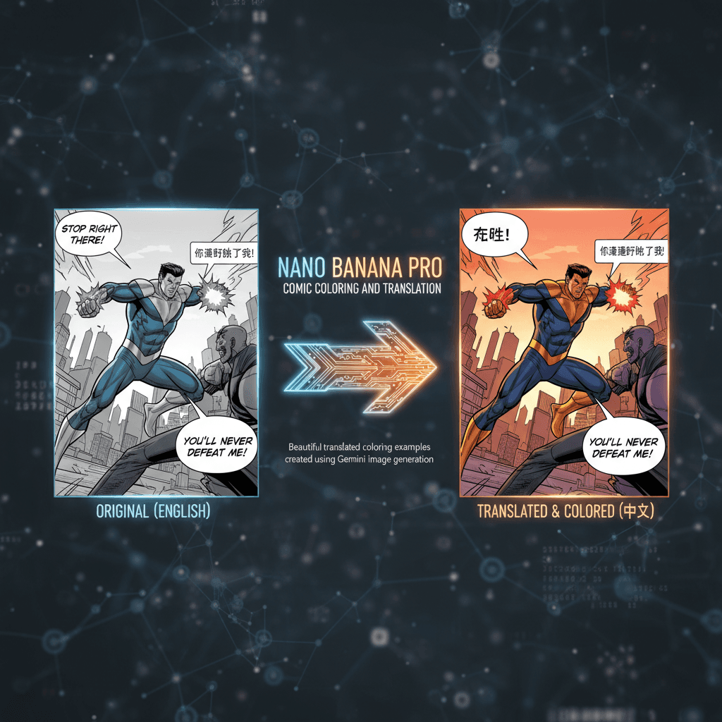 Stunning manga translation and colorization example using Nano Banana Pro; AI generation enhances visuals and storytelling.