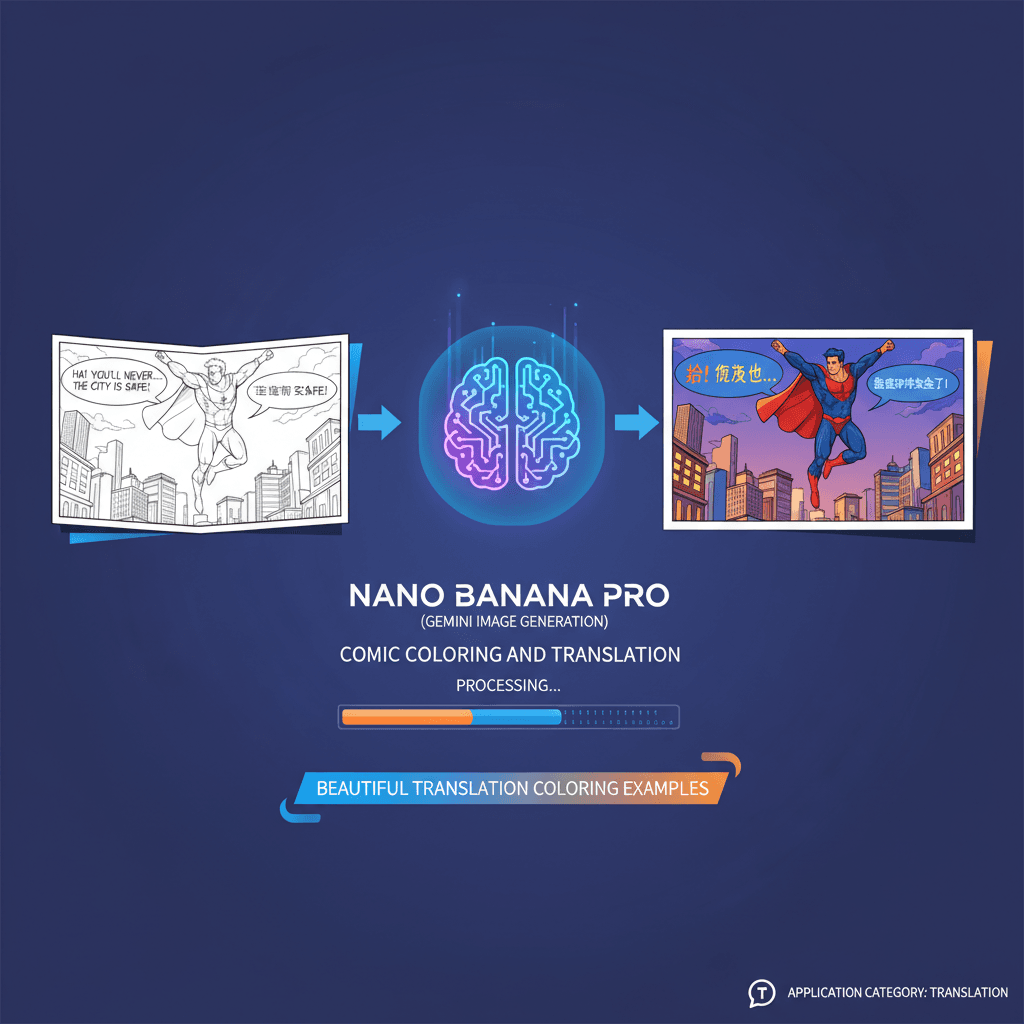 Artistic illustration showcasing AI-powered manga colorization and translation using Nano Banana Pro, highlighting its creative capabilities.