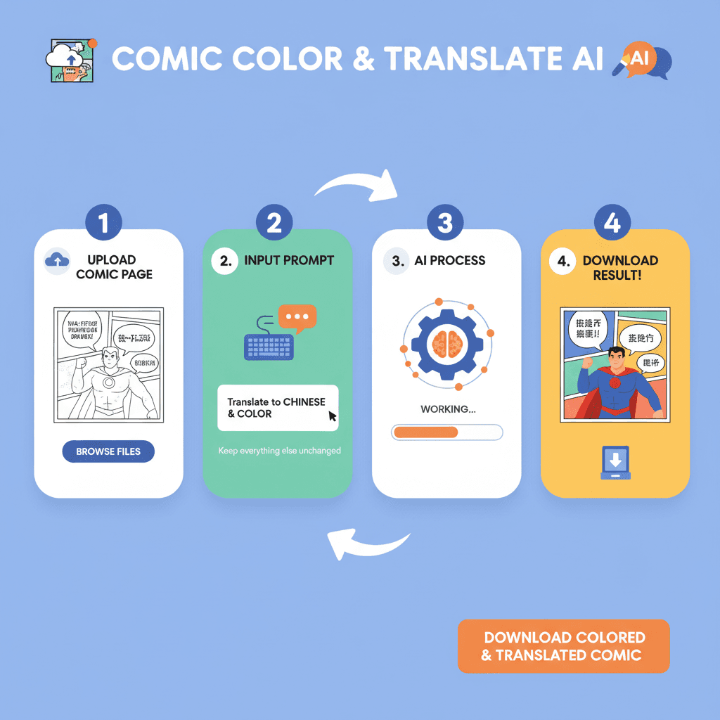 Usage steps for Manga Colorization & Translation using AI tool Nano Banana Pro, showcasing easy process guidance.