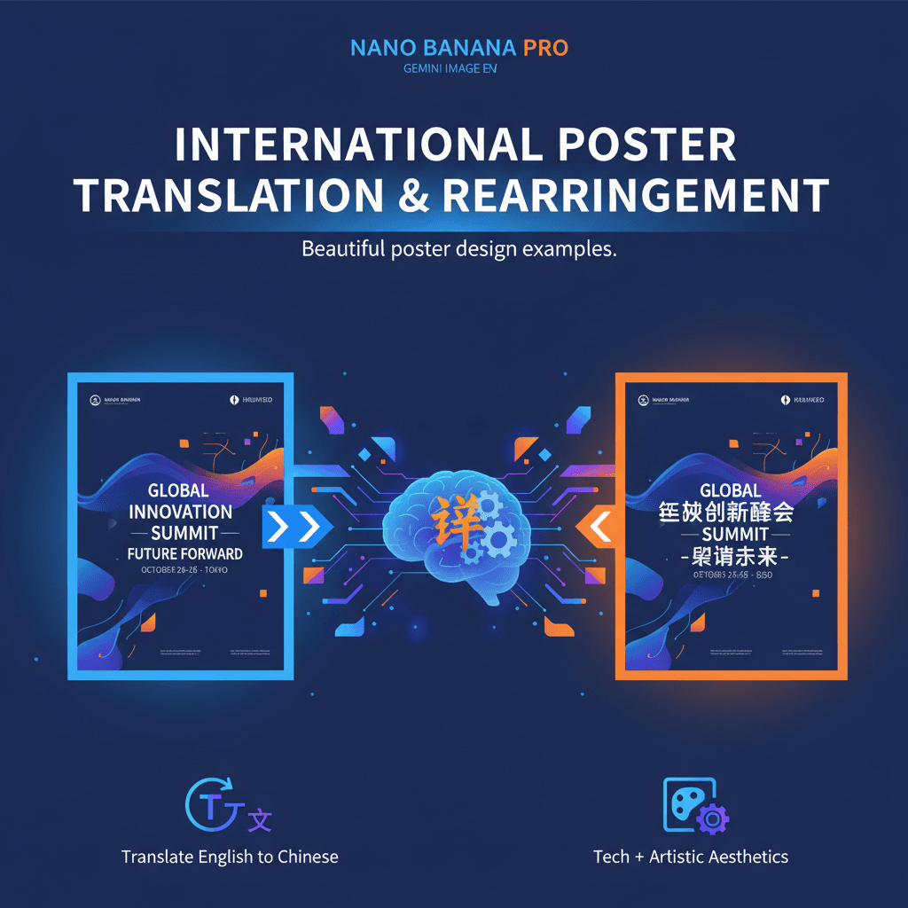 Artistic poster illustrating "International Poster Translation" using AI tool Nano Banana Pro, showcasing global communication through design.