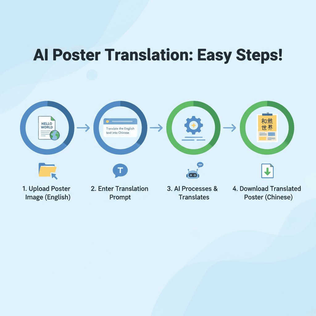Usage steps for International Poster Translation using the AI tool Nano Banana Pro, showcasing easy design and guidance.