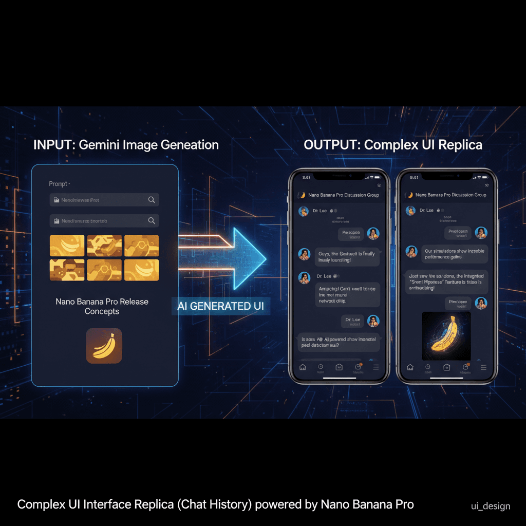 Stunning UI design example by Nano Banana Pro, showcasing Complex UI Recreation (Chat) with AI generation features.