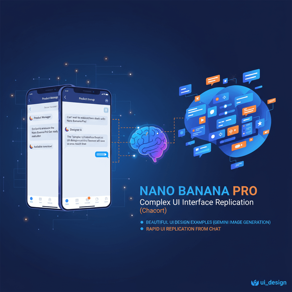 Artistic illustration of a complex chat UI design created with Nano Banana Pro AI, showcasing innovative user interaction features.