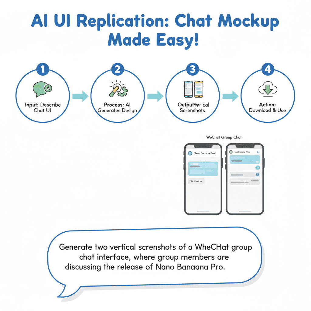 Usage steps for recreating a chat UI design using the AI tool Nano Banana Pro, showcasing ease of use and process guidance.