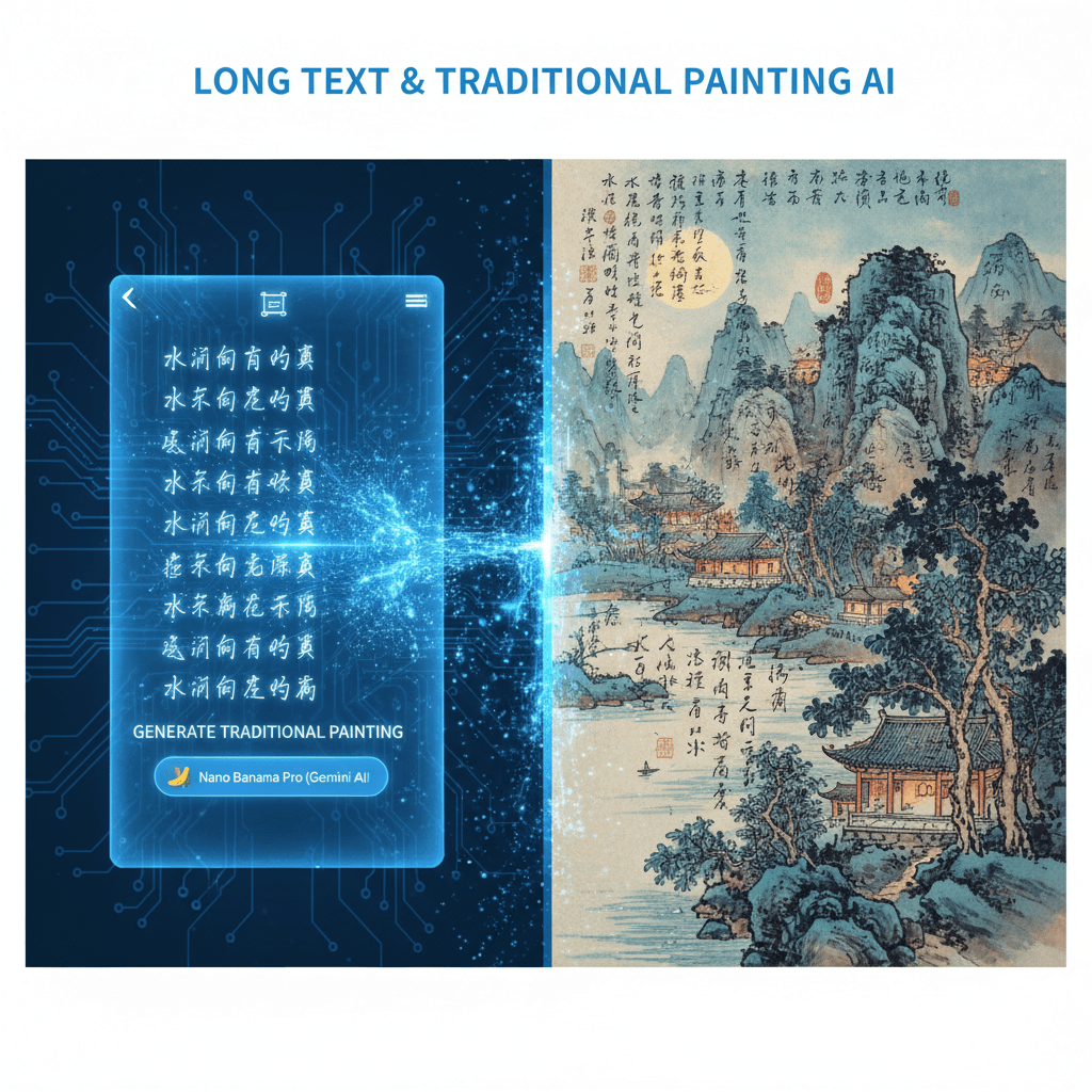 Stunning traditional art created with Nano Banana Pro, showcasing AI generation in Long Text with Traditional Painting.
