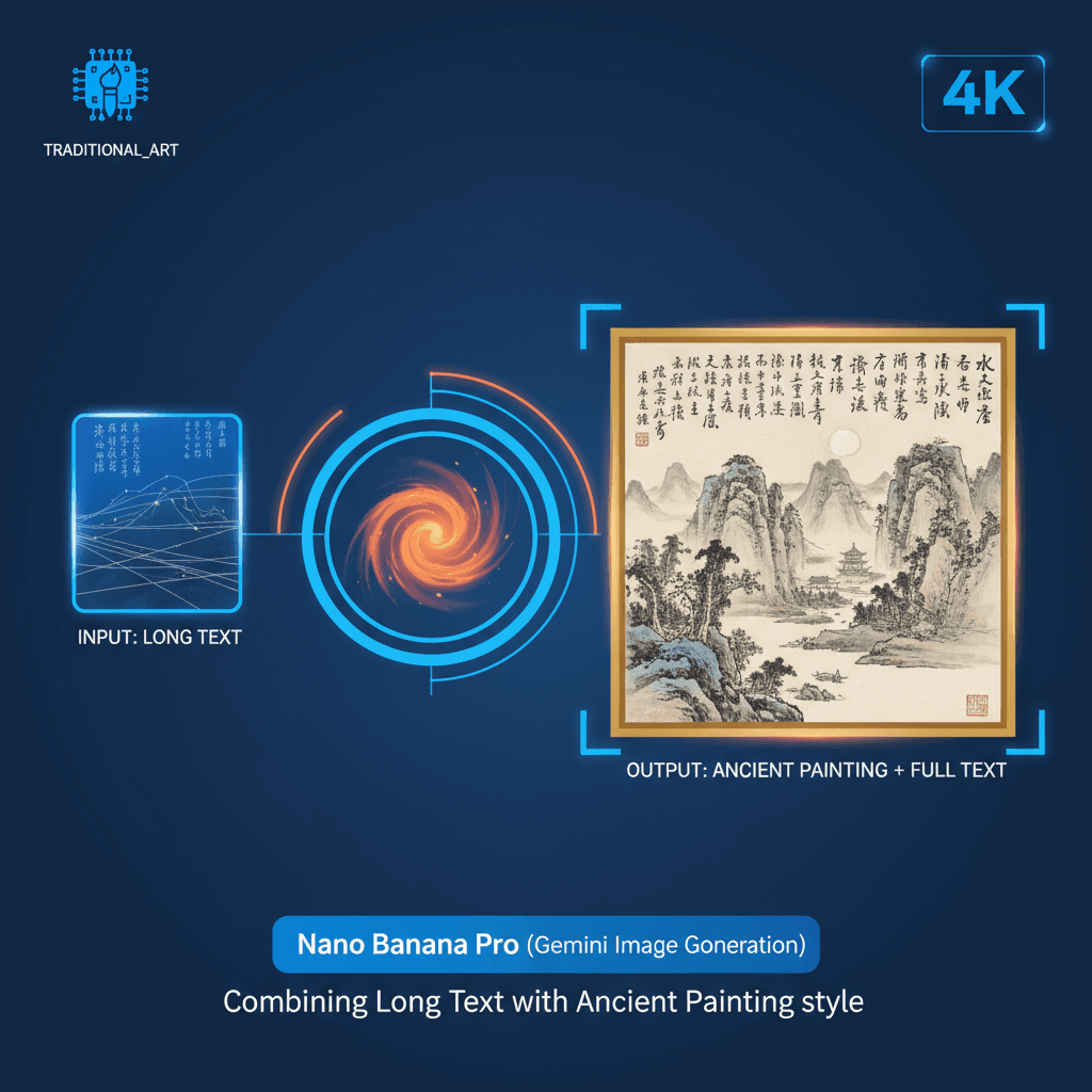 Artistic illustration showcasing "Long Text with Traditional Painting" created with Nano Banana Pro AI in traditional art.