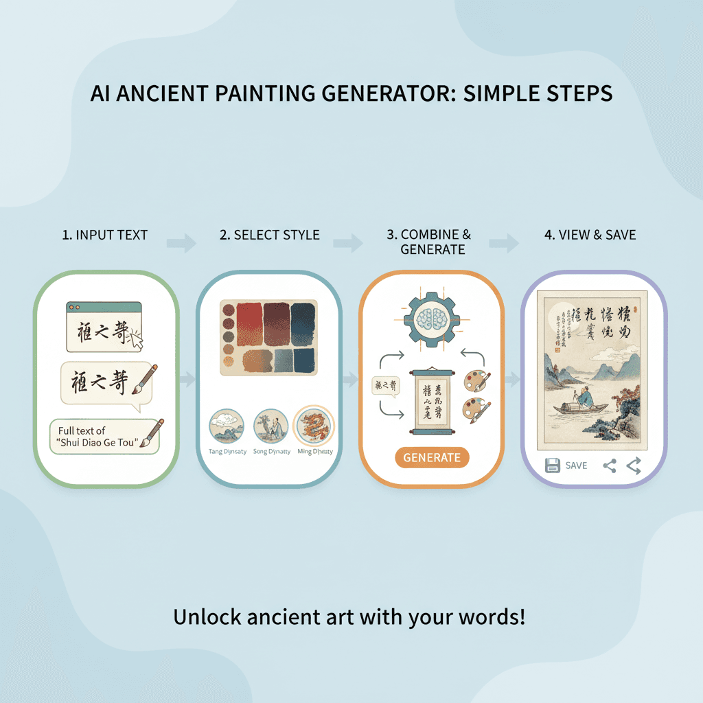 Usage steps for creating stunning traditional art with AI tool Nano Banana Pro in the Long Text with Traditional Painting category.